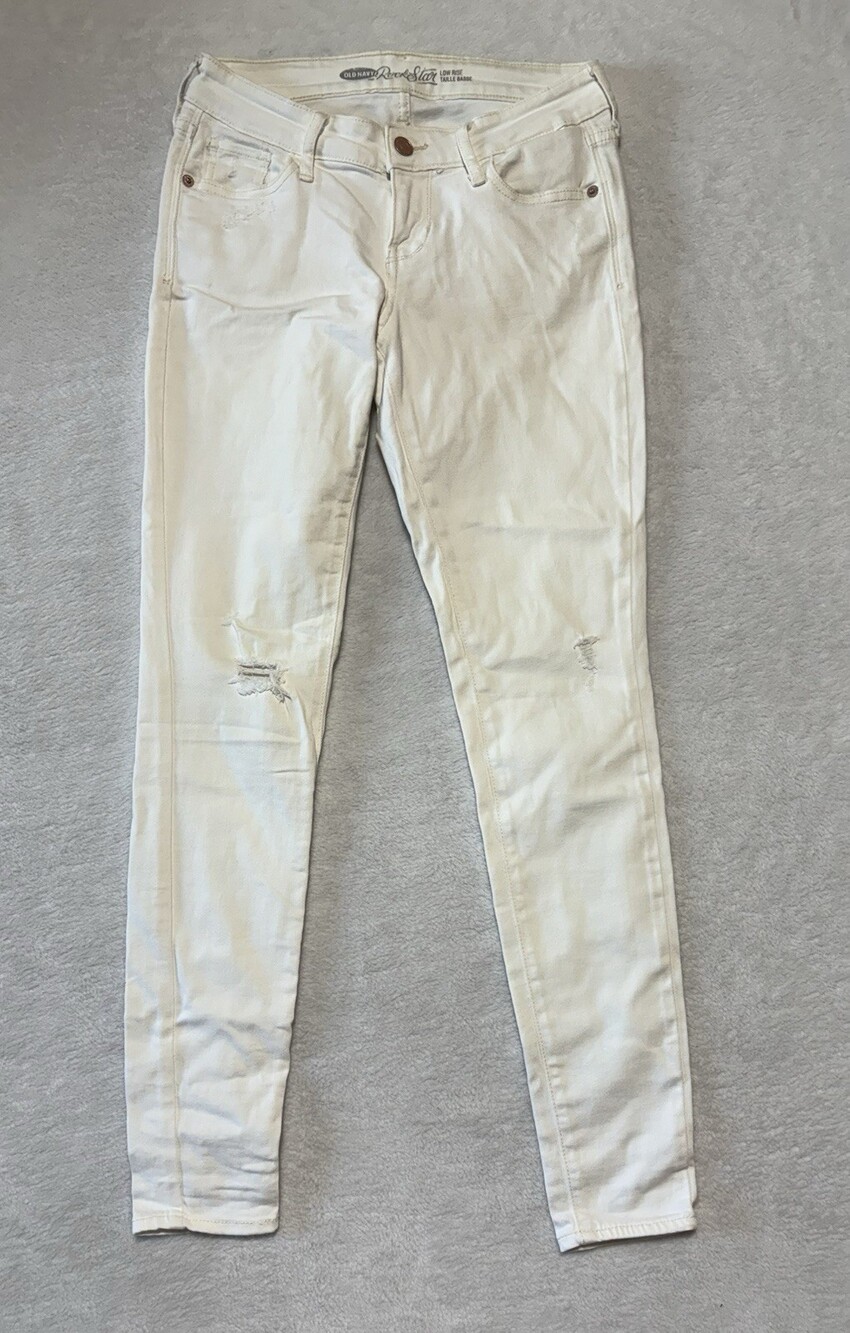 Old Navy Rockstar Jeans Womens 2 Regular Low Rise Stretch Distressed White Pants